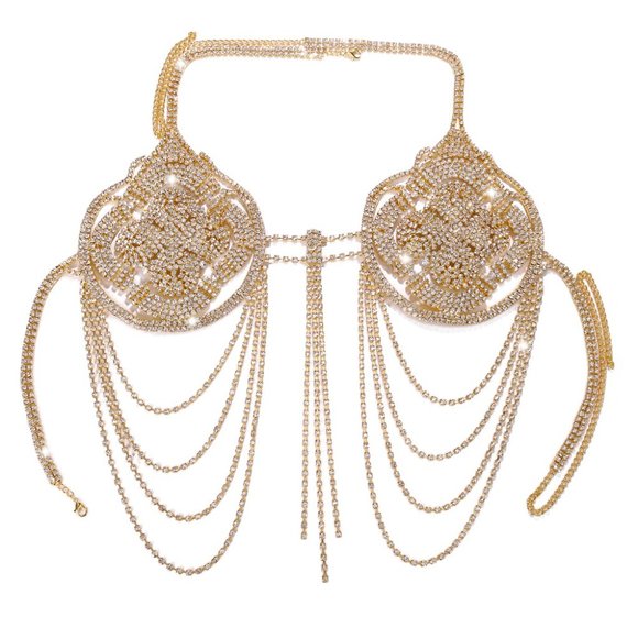 Crystal Bra Top Chain Bikini Jewelry Tassel Body Chain Rhinestone Chain Lingerie - Picture 7 of 10